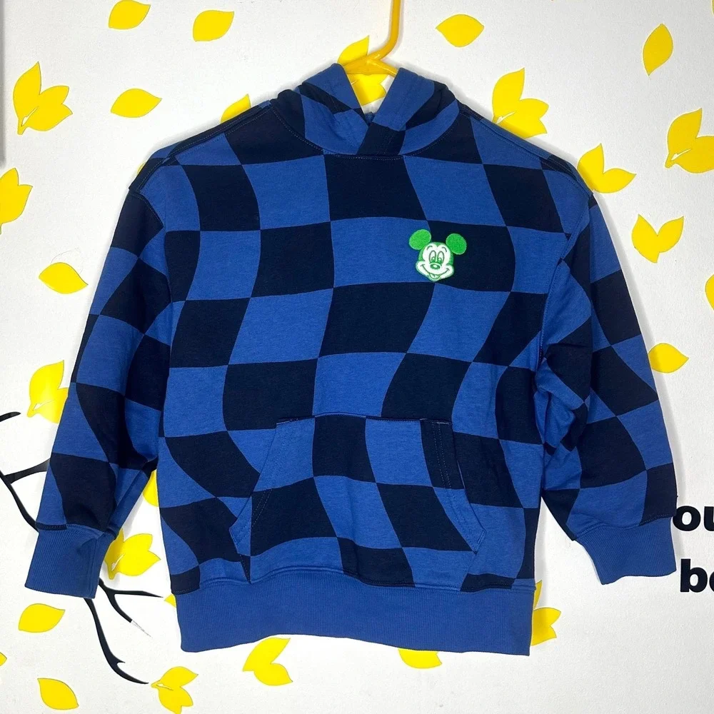 Old Navy Disney Mickey Mouse Oversized Pullover Hoodie Sz S 6-7 Hyper Blue Plaid